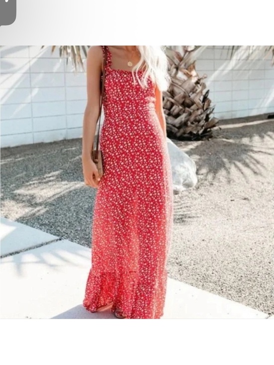 Vici Dresses & Skirts - VICI Red Floral Maxi Dress Smocked Back Ruffle Strap Tiered Hem Rayon